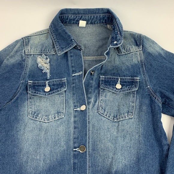Distressed Denim Jean Jacket Coat Size Small Silver Button up Pocket Cotton NWOT - Picture 3 of 13